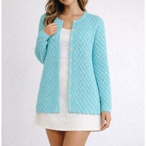 Vintage 60s Aqua Popcorn Bobble Knit Cardigan Sweater M Coquette Cottage Twee